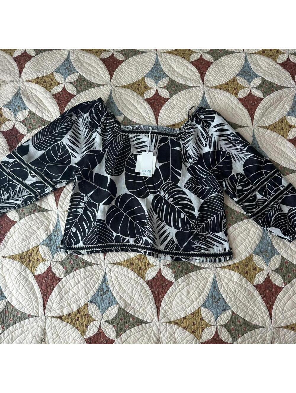 Cynthia Rowley 100% Linen Black Cream Botanical Tropical Top Sz S linen summer